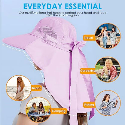Womens Sun Hat UV Protection, Foldable Waterproof Wide Brim Bucket Hats with Neck Flap for Summer Beach Fishing Hiking - color: Purple