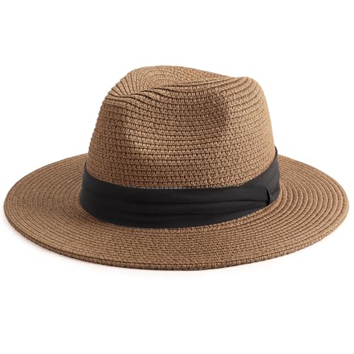 DRESHOW Women Straw Panama Hat Travel Fedora Beach Sun Hat Summer Wide Brim Straw Roll up Hats UPF 50+ - color: Fedora Coffee