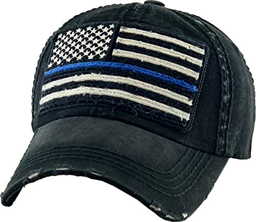 KBETHOS Flag USA America Military Thin Blue Line Thin Red Line Vintage Distressed Baseball Cap Dad Hat Unisex Adjustable… - color: Black Blue Embroidered Flag