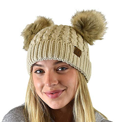 C.C 2 Ear Pom Pom Cable Knit Soft Stretch Cuff Skully Beanie Hat - color: Faux Fur Beige