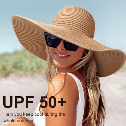 DRESHOW Big Straw Sun Hats for Women Floppy Foldable Roll up Beach Cap Sun Hat UPF 50+ Vacation Honeymoon Embroidered Hat - color: 1 Pack Medium Size: Khaki (Head Circumference 22-22.8")