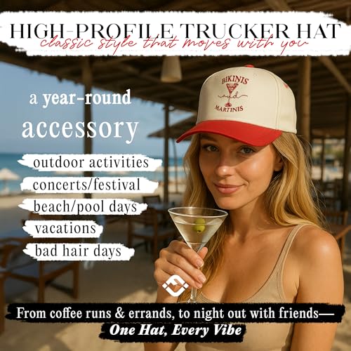 Funky Junque Adult Trucker Snapback Hat 2-Tone Baseball Cap - color: Bikinis and Martinis - Red/Beige