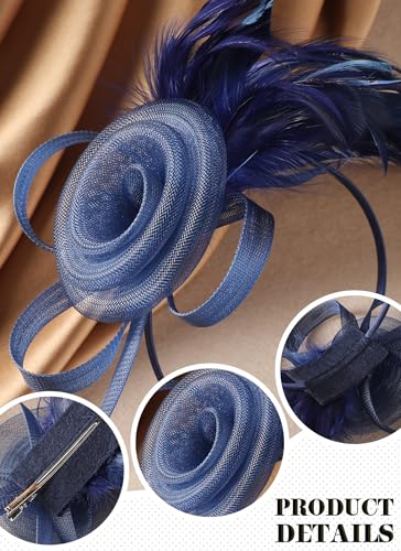 Zinniday Victorian Feather Fascinators Hats - 2025 Derby Attire Headwear with Hairpin,1920s Tea Party Hat for Woman - color: Navy Blue
