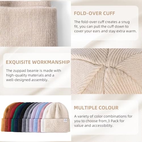 3 Pack Satin Lined Winter Beanie Hats for Women Men,Silk Lined Womens Beanies Knit Soft Warm Cuffed Hat - color: Black+caramel+olive Green