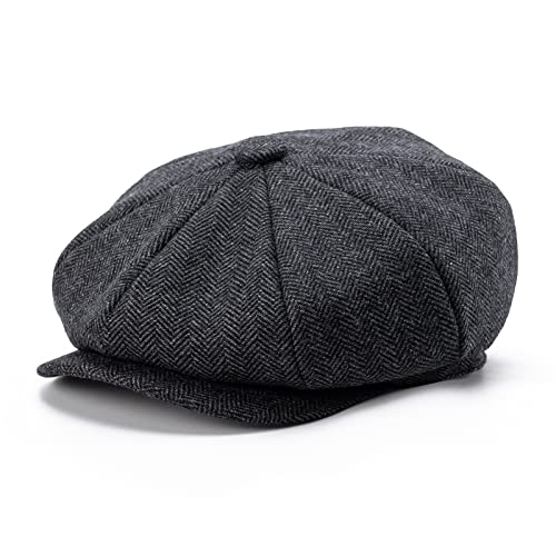 BOTVELA Men's 8 Panel Wool Blend Newsboy Flat Cap - color: Black, size: 7 3/8