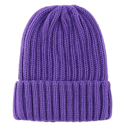Connectyle Women's Rib Knit Cuffed Beanie Hat Stretch Acrylic Winter Hat Thick Warm Snow Ski Cap - color: Purple