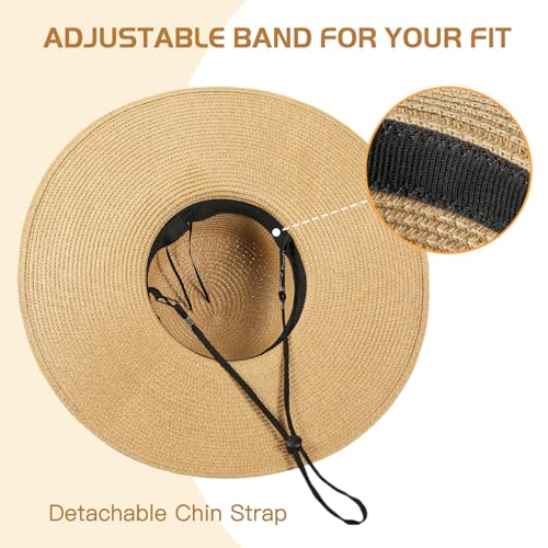 Beach Hat for Women, Wide Brim Sun Straw, UPF 50+ Foldable Floppy Sun Hat - color: B-khaki