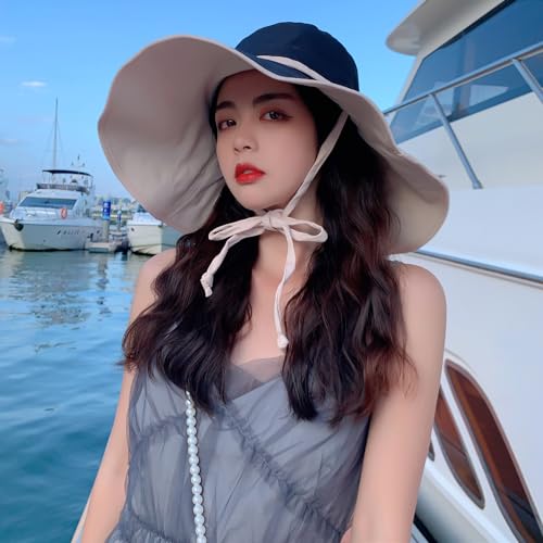 HUAMULAN Women Summer Vacation Wide Brim Sun Hat Reversible Fishing Hats - color: M0004-blackbeige