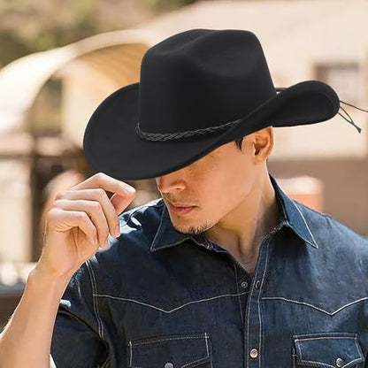 DRESHOW Western Cowboy Hat for Men Women Cowboy Cowgirl Hat Outdoor Wide Brim Retro Felt Fedora Hats Unisex Rolled up Caps - color: 1 Pack Style 8: Black