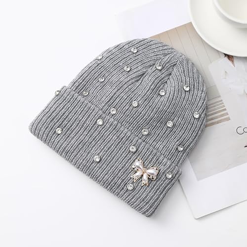 Cute Rhinestone Hat Winter Cuffed Ribbed Knitted Pearl Bow Beanie for Women Men - color: Light Grey
