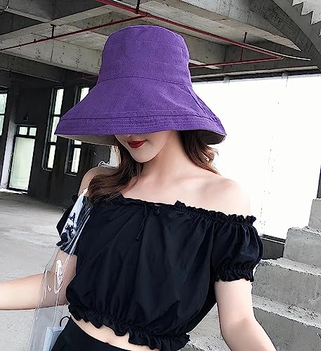 Women Wide Brim Sun Hats Metal Wired Edge Summer UV Protection Beach Fishing Hat for Hiking Garden Travel Chin Strap - color: Lant001-purple, size: One Size