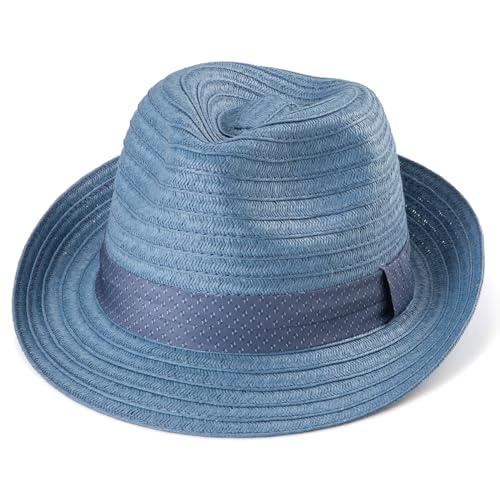 LADYBRO Straw Trilby Hat for Men Summer Sun Fedoras Beach Panama Adjustable - color: 006 Blue, size: Medium-Large