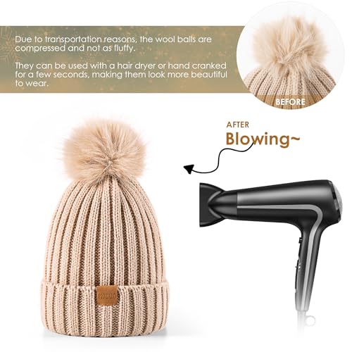 Womens Winter Beanie Hat Fleece Lined Warm Skull Cap with Faux Fur Pom Cuff Knitted Hat for Women - color: White