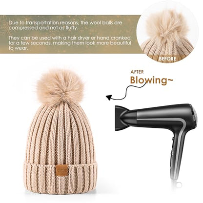 Womens Winter Beanie Hat Fleece Lined Warm Skull Cap with Faux Fur Pom Cuff Knitted Hat for Women - color: White