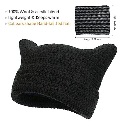 Women Beanie Warm Winter Hats, Soft Knit Lazy Beanie for Women, Women Cat Beanie，Women Fox hat, Slouchy Beanies for Women - color: Beige Green & Black 2pcs