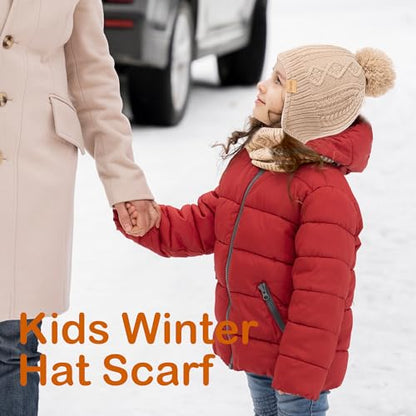 Kids Winter Beanie Hat and Scarf Set with Pom Pom for Girls, Children's Thick Ski Cap with Earflap Fleece Lined Hat 3-9 Years - color: Pink+scarf