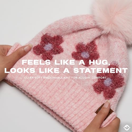 Funky Junque Beanie for Women Ultra Soft Chenille Faux Fur Pom Pom Winter Hats Warm Ski Cap Fashion - color: Daisy - Rose