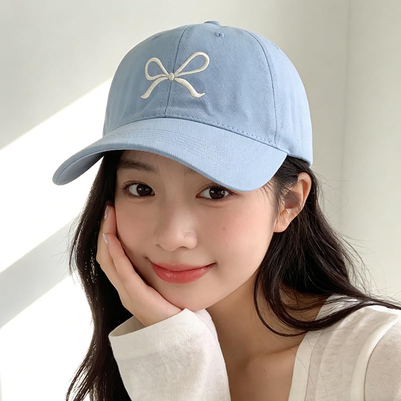 Unisex Bow Embroidery Baseball Cap Adjustable Outdoor Mom Sun Hat - color: Light Blue