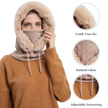 HUAMULAN Women Cable Knit Balaclavas Winter Fleece Lined Beanie Hat - color: Khaki