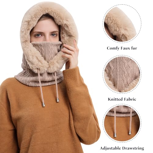 HUAMULAN Women Cable Knit Balaclavas Winter Fleece Lined Beanie Hat - color: Khaki