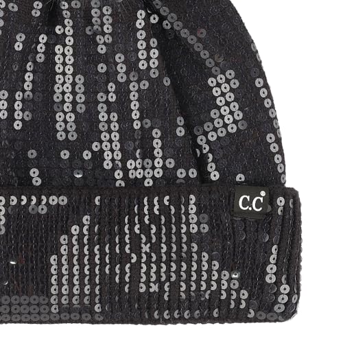C.C Sequin Pom Beanie for Women - Acrylic Stretchable Soft Warm Knit Winter Skully Hat with Yarn Pom - color: Clear Sequin-black