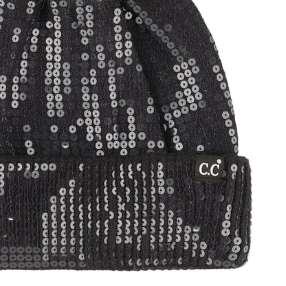 C.C Sequin Pom Beanie for Women - Acrylic Stretchable Soft Warm Knit Winter Skully Hat with Yarn Pom - color: Clear Sequin-black
