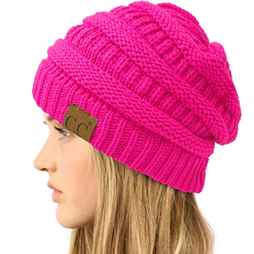 CC Classic Winter Fall Trendy Chunky Stretchy Cable Knit Beanie Hat - color: Neon Hot Pink