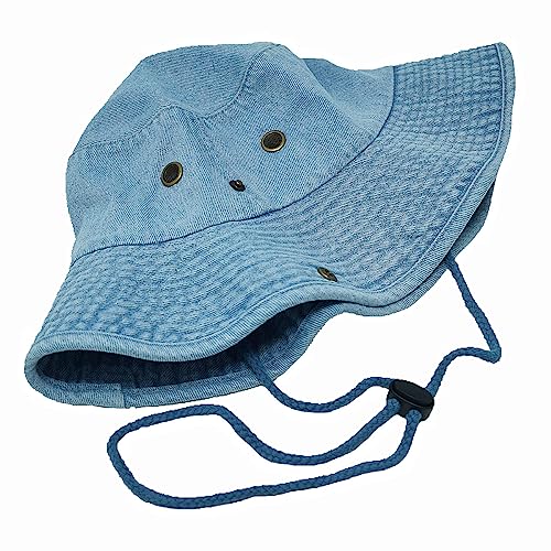 Glory Max Washed Cotton Bucket Hat with Chin Strap Fishing Sun Safari Boonie Cap - color: Denim Blue, size: Small-Medium