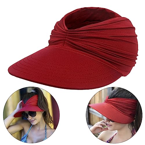 Sun Hat Women Beach Visor Cap UV Protection with Wide Brim Packable Summer Sport Ponytail Sun Cap - color: Burgundy