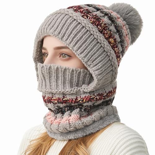 HUAMULAN Women Winter Knit Beanie Hats One Piece Fleece Lined Balaclavas - color: Gray + Colorful Stripe
