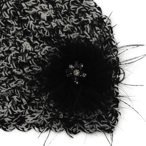 ZLYC Women Crochet Beanie Hat Summer Handmade Knit Decorated Skull Cap - color: Feather Black Mixed White Black