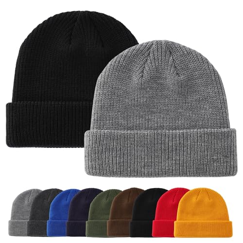Connectyle 2 Pack Classic Cuffed Beanie Hat for Men & Women Warm Winter Knit Hat Thick Beanies Skull Cap Acrylic Watch Cap - color: Black+light Grey