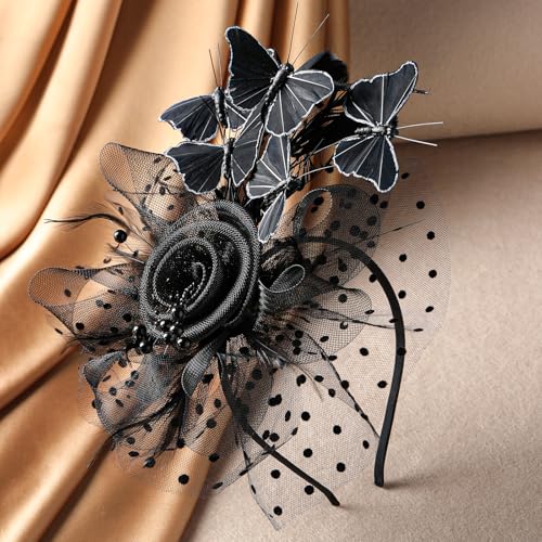 Zinniday Butterfly Derby Hat 2025 - Classic Tea Party Hats with Hair Clip, 1920s 50s Fascinators for Lady Woman - color: Black