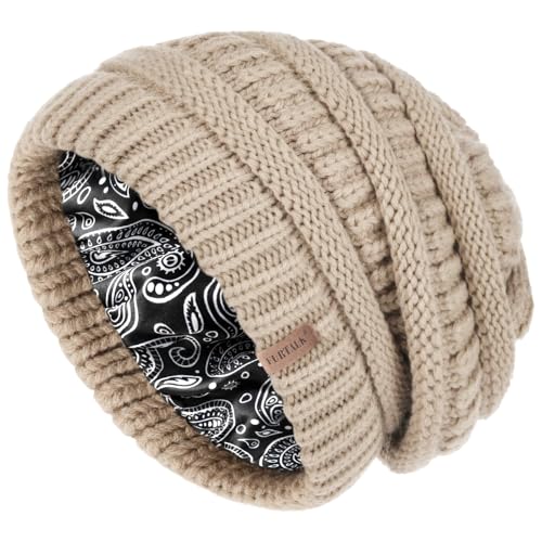 FURTALK Winter Beanie Hat for Women Satin Lined Cable Knit Chunky Slouchy Beanies Skull Warm Cap - color: Light Khaki