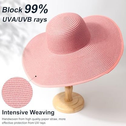 AQOKKA Sun Hats for Women Big Straw Wide Brim Summer Beach Hat Floppy Foldable Roll up Cap for Outdoor UPF 50+ - color: Wide Brim : Pink