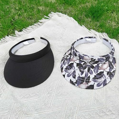 2 Pack Visor Women Men Sun Hat Clip On Visors Adjustable Sport Wide Brim Cap - color: Black, Leaves