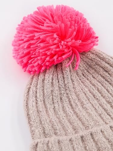 Beautiful Nomad Women's Winter Pompom Beanie Hat Warm Cable Knit Cuffed Caps - color: Camel + Rose Ball
