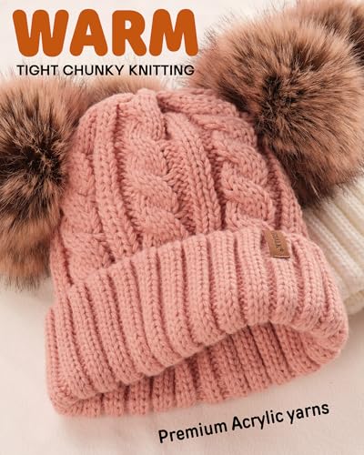 FURTALK Toddler Winter Hat Knit Beanie Double Faux Fur Pompoms Girls Boys - color: Pink, size: 6-24 Months
