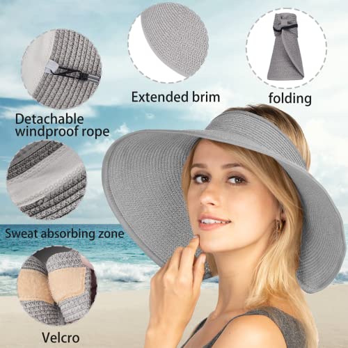 Women Sun Visors Foldable Straw Hats Summer Beach Packable Hat Floppy Wide Brim Cap Deep Style, Adjustable Size - color: Gray Black