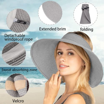 Women Sun Visors Foldable Straw Hats Summer Beach Packable Hat Floppy Wide Brim Cap Deep Style, Adjustable Size - color: Gray Black