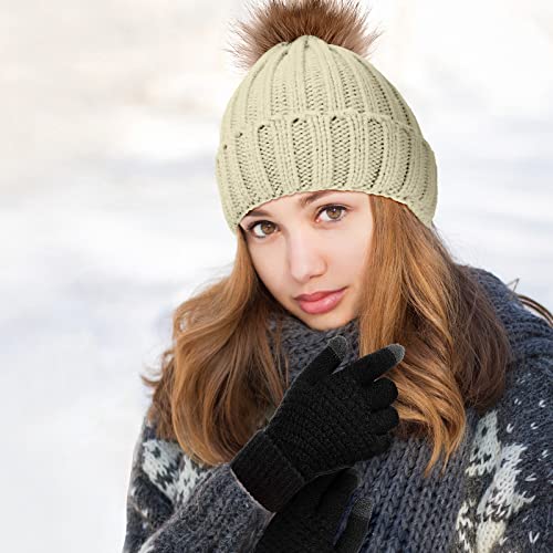 Syhood 4 Pcs Hat and Glove Set Winter Beanie and Glove Set - color: Black and Beige