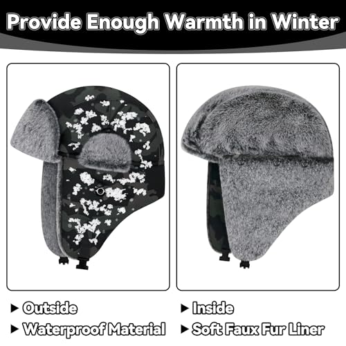 Olreco Waterproof Toddler Winter Hat Warm Fur Fleece Baby Boy Winter Hat Kids Snow Hats Girls Boys Trapper Hats with Earflaps - color: Waterproof City Camo With Grey Fur, size: 6-24 Months