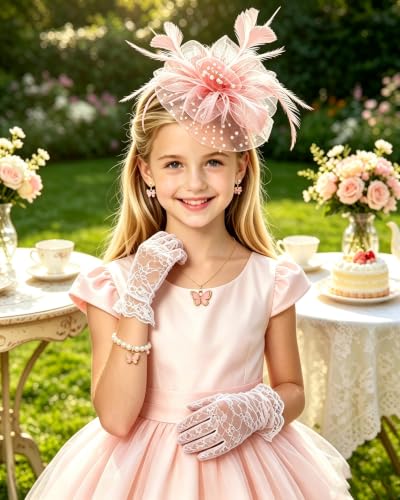 Girls Tea Party Fascinators Hats Girls Church Hats 20s 50s Pillbox Hat Cocktail Mesh Flower Pearl Feather Headband - color: Dusty Pink