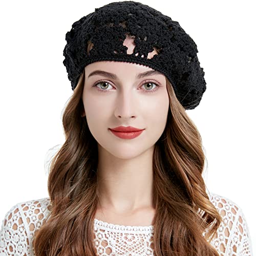 ZLYC Women Cotton Slouchy Crochet Beret Handmade Cutout Floral Beanie Hat - color: Floral Black