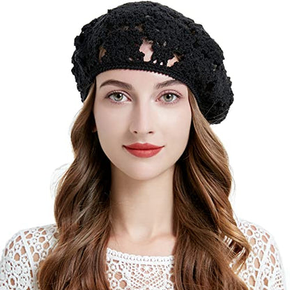 ZLYC Women Cotton Slouchy Crochet Beret Handmade Cutout Floral Beanie Hat - color: Floral Black