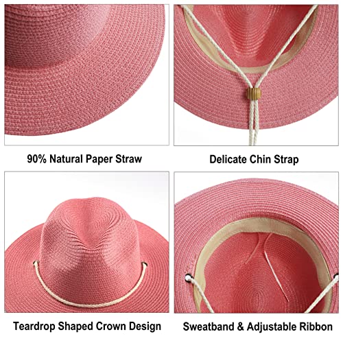 Women Straw Fedora Hat Summer Panama Beach Sun Hats UV UPF50+ Cap - color: Pink