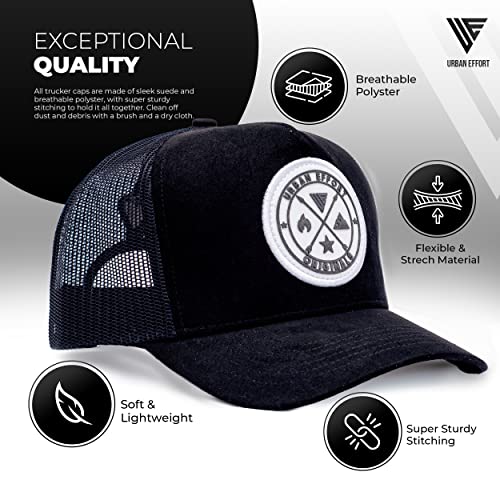 Urban Effort Trucker Hat for Men & Women, Mesh Back Baseball Cap, 5 Panel - color: Black + White Patch, style: Mesh Back