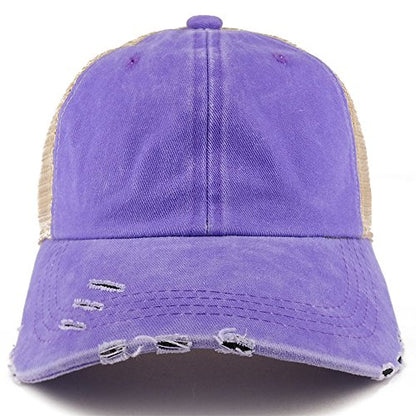 Trendy Apparel Shop Pigment Dyed Front Mesh Back Frayed Bill Trucker Cap - color: Purple