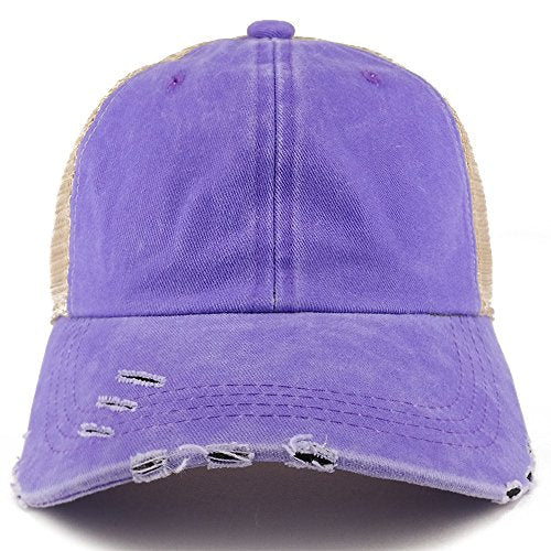 Trendy Apparel Shop Pigment Dyed Front Mesh Back Frayed Bill Trucker Cap - color: Purple