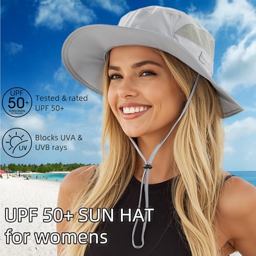 Connectyle Women's UPF 50+ Sun Hat UV Protection Wide Brim Bucket Hat Summer Beach Hats Fishing Hiking Outdoor Safari Hats - color: Grey